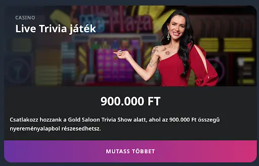 Gold Saloon Trivia Show kaszinóban Live Trivia játék 900.000 Ft nyereménnyel