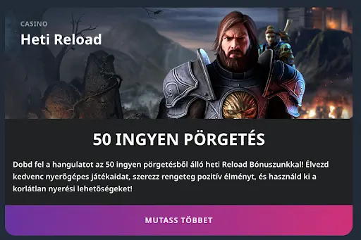 Kaszinó heti újratöltési ajánlat Heti Reload bónusz 50 ingyen pörgetéssel